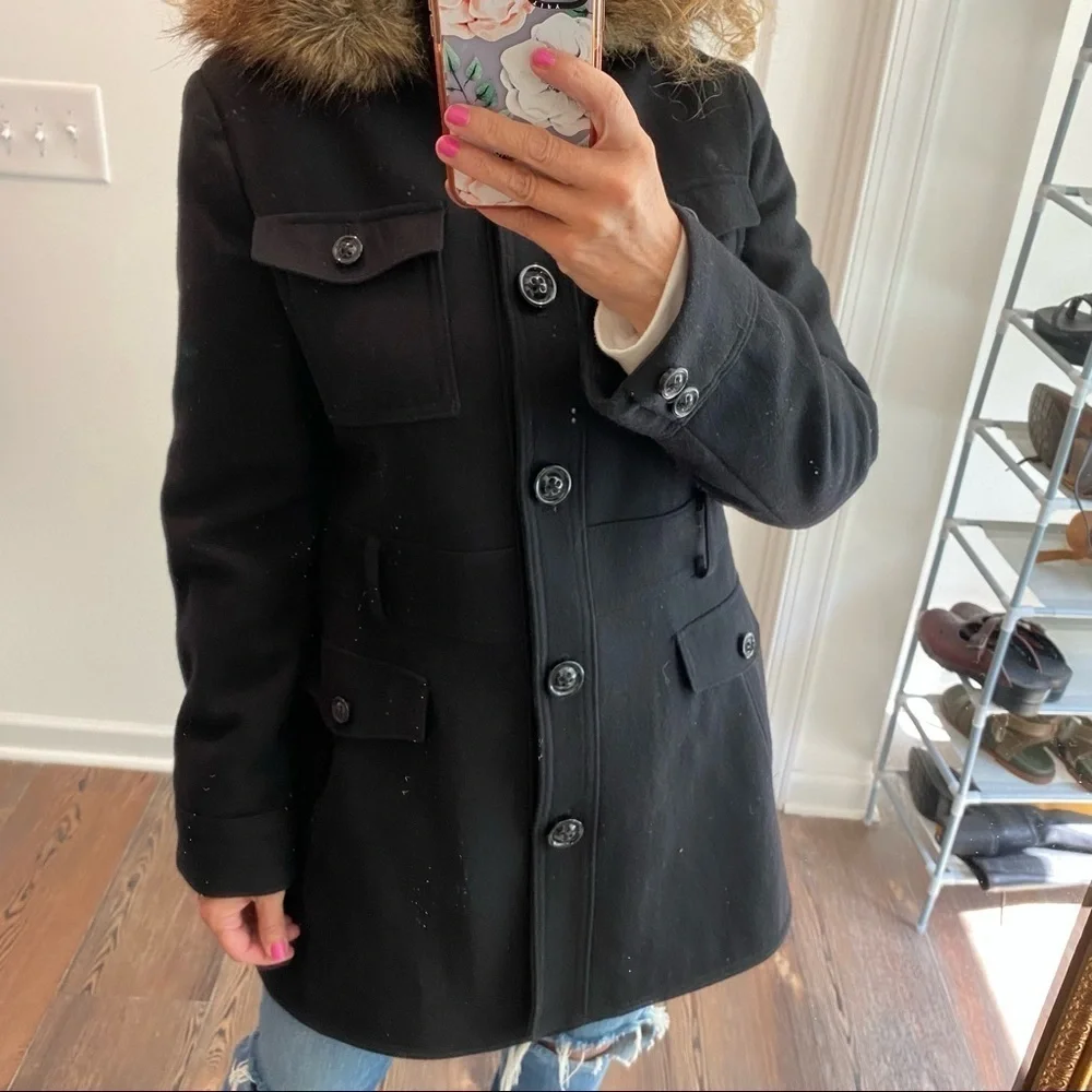 Espirit wool blend black faux fur trim hoodie size large